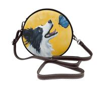Border Collie con farfalla blu, borsa a tracolla rotonda da donna in pelle