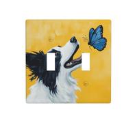 Border Collie con farfalla blu, doppia banda, copertura per luce da parete, interruttore decorativo, dimensioni standard - 11,4 x 11,4 cm