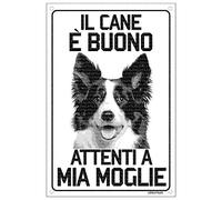 BORDER COLLIE Il cane è buono attenti a mia moglie TARGA IN METALLO (15X20)