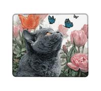 Bordi Cuciti Tappetino Mouse, Spring Flower Gray Cat Vibrant Tulips And Blue Butterflies Tappetino per Il Mouse Antiscivolo Gaming Mousepad per PC Casa Ufficio