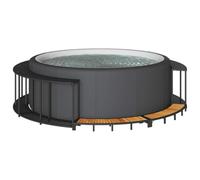 Bordo per Vasca da Spa, Portaoggetti Integrato con Intaglio per Alimentatore e 2 Gradini in Legno di Acacia, Rattan PE Nero, Struttura in Acciaio Verniciato a Polvere, 243 x 55 cm, per Spa Portatili E