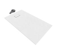 BOREAL piatto doccia 140 x 80 cm, piatto doccia extra piatto e robusto, 26 mm, in resistente con superficie anti-scivolo, effetto ardesia/pietra con scarico con coperchio, bianco