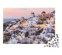 Borgo Case Bianche Egeo Puzzle 1000 Pezzi Carta per Adulti Tramonto Scenico Gioco di Puzzle Relax Regalo Casa 38x26cm/1000pcs