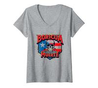 Boricua Hasta La Muerte, Bandiera portoricana con Teschio Maglietta con Collo a V, Donna, Grigio Melange, XL