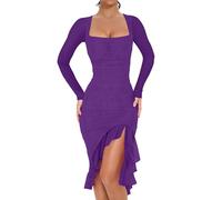 BORIFLORS Abito da donna sexy increspato aderente midi elegante in rete a maniche lunghe con scollo quadrato orlo increspato abito da cocktail party, Viola scuro, XS