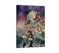 Boris Vallejo - Stampa artistica da parete su tela, motivo: guerriero mitico e scena di montagna al chiaro di luna, colori vivaci, per soggiorno, camera da letto, sala giochi, ufficio, 20 x 30 cm