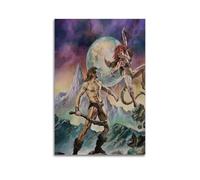 Boris Vallejo - Stampa artistica da parete su tela, motivo: guerriero mitico e scena di montagna al chiaro di luna, colori vivaci, per soggiorno, camera da letto, sala giochi, ufficio, 40 x 60 cm