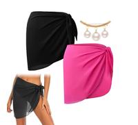 BORISCA 2 Pezzi Donna Pareo Mare, Sarong Coprire Gonne Avvolgenti, Gonna da Spiaggia Pareo Chiffon e 1 Spilla a Bottone Antiscivolo, Bikini Beach Wrap per Vacanza, Nuoto(Nero, Rosso Rosa)