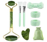 BORISCA 8 Pezzi Gua Sha Viso Kit, Rullo Massaggio Viso, Rullo di Giada e Pietra Guasha, Guasha Viso Pietra Giada per Lenisce i Muscoli (Verde)