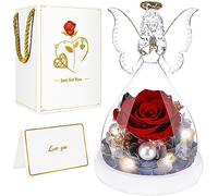 BoriYa Regali Donna -Rosa Stabilizzata Vera in Angel, Rossa Rosa Eterna con Illuminata LED e Perle, Preserved Flowers in Cupola di Vetro, Angelo Fiore Eterno Idea Regalo per Lei, Mamma,Donna,Fidanzata