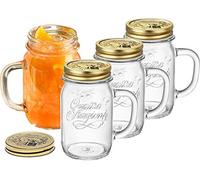 Bormioli Rocco Set 4 Barattoli Cocktail 400 ml con Manico e Coperchio Oro - Bicchieri in Vetro per Drink, Birra, Tè Freddo - Lavabili in Lavastoviglie - Made in Italy