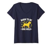 Born to Be Dog Wild Paw Print, Amante dei Cuccioli Maglietta con Collo a V, Donna, Navy, XL