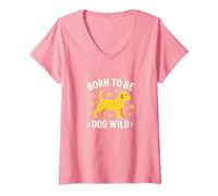 Born to Be Dog Wild Paw Print, Amante dei Cuccioli Maglietta con Collo a V, Donna, Rosa, S