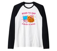 Born to Nap Forced to Work Funny Crying Cat Girl Meme Laptop Maglia con Maniche Raglan