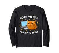 Born to Nap Forced to Work Funny Crying Cat Meme Laptop Maglia a Manica