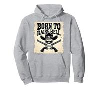 Born to Raise Hell: Cowboy Skull Outlaw Atteggiamento Ribelle Felpa con Cappuccio, Unisex per Adulti, Grigio Melange, L