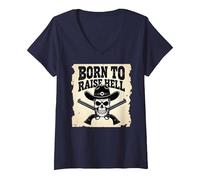 Born to Raise Hell: Cowboy Skull Outlaw Atteggiamento Ribelle Maglietta con Collo a V, Donna, Navy, L