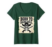 Born to Raise Hell: Cowboy Skull Outlaw Atteggiamento Ribelle Maglietta con Collo a V, Donna, Verde Foresta, L