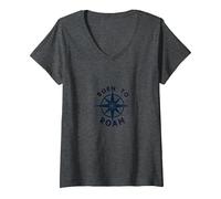 Born to Roam: Design avventuroso della Bussola per Wanderlusters Maglietta con Collo a V, Donna, Grigio Scuro, XXL