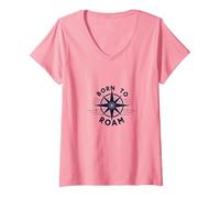 Born to Roam: Design avventuroso della Bussola per Wanderlusters Maglietta con Collo a V, Donna, Rosa, XL