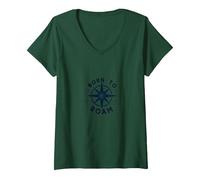 Born to Roam: Design avventuroso della Bussola per Wanderlusters Maglietta con Collo a V, Donna, Verde Foresta, XXL