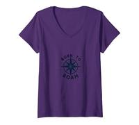 Born to Roam: Design avventuroso della Bussola per Wanderlusters Maglietta con Collo a V, Donna, Viola, S