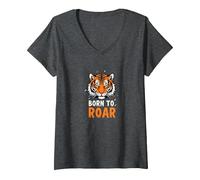 Born to Roar: feroce Spirito Tigre per avventurieri Maglietta con Collo a V, Donna, Grigio Scuro, XL