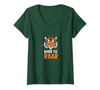 Born to Roar: feroce Spirito Tigre per avventurieri Maglietta con Collo a V, Donna, Verde Foresta, XL