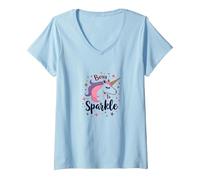 Born To Sparkle Unicorno per Donne Magical Fantasy Slogan Maglietta con Collo a V, Donna, Celeste, S