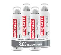 Borotalco, Deodorante Spray Invisibile Grigio, con Talco Effetto Barriera, Cattura e Non Trasferisce Aloni, 48h efficacia, Senza Alcool,Profumo Classico - 4 Pezzi da 150 ml - Esclusiva Amazon