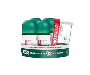 Borotalco, Kit 4 Deodoranti Roll-On e Deo-Salviette, 4 x 50 ml | Con Talco Vegetale e Molecole Anti-Odore, Durata 48h, Senza Alcol, 12 Salviette