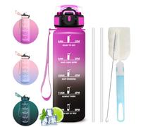 Borraccia 1 litro, Borraccia Bambino con Cannuccia, A Prova di Perdite, Spazzole a Bottiglia e Cannuccia, Facile da Pulire, Bottiglia Motivazionale, Boracce con Orari per Sport, Fitness, Bambini