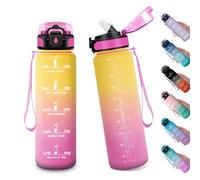 Borraccia 1L , Borraccia con Cannuccia, Bottiglia Riutilizzabile, Bottiglia Acqua a Prova di Perdite, Bottiglia Acqua con indicatore Orario, Borracce per Bici, Scuola, Fitness, Sport, Gym, Yoga