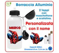 Borraccia 500 ml Scuola Personalizzata Nome Alluminio 2 tappi Tributo Spiderman