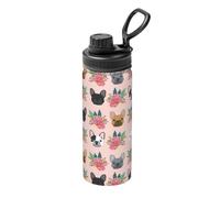 Borraccia a doppia parete isolata sottovuoto, in acciaio inox, con stampa di bulldog francese e fiori, a prova di perdite, mantiene il freddo per 24 ore e caldo per 12 ore