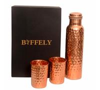 Borraccia ayurvedica in puro rame, 1000 ml, a prova di perdite, realizzata a mano, senza BPA, senza giunture, per salute, yoga, ufficio e viaggi, confezione regalo di alta qualità (con 2 bicchieri)