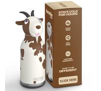 Asobu Bestie Borraccia per bambini con cannuccia, in acciaio inox, isolata, 420 ml, con testa di capra, a prova di perdite e senza BPA