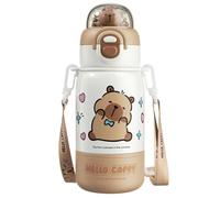 Borraccia Capybara da 400 ml/14 oz, in acciaio inox, con cannuccia, cinturino e bicchiere, portatile, resistente al calore, per uso alimentare, per bambini e bambine, bianca, graziosa borraccia p