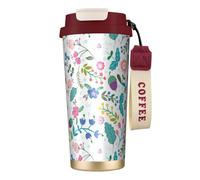Borraccia colorata con fiori scarabocchi con coperchio con cannuccia, in acciaio inox, a bocca larga, isolata, a prova di perdite, da donna, rosso
