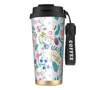 Borraccia colorata con fiori scarabocchi con coperchio con cannuccia, in acciaio inox, a bocca larga, isolata, a prova di perdite, da donna, nera