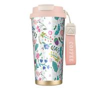 Borraccia colorata con fiori scarabocchi con coperchio con cannuccia, in acciaio inox, a bocca larga, isolata, a prova di perdite, da donna, rosa