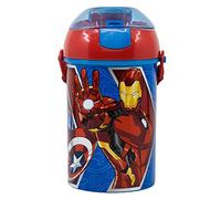 Borraccia con apertura pop-up Avengers, Marvel, bottiglia in plastica riutilizzabile con tracolla, BPA Free, capacità 450 ml