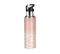 Borraccia con cannuccia, a prova di perdite, borsa dell'acqua calda con leopardo rosa, glitterata, borraccia termica sottovuoto, per ragazze e ragazzi, 600 ml