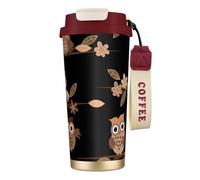 Borraccia con simpatico gufo marrone con coperchio con cannuccia, in acciaio inox, imboccatura larga, isolata, a prova di perdite, da donna, colore rosso