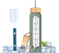 Borraccia da 1000 ml: bottiglia di vetro infrangibile, doppia copertura bottiglia di vetro con coperchio in bambù, custodia protettiva e indicazione del tempo, cannuccia per sport, attività all'aperto