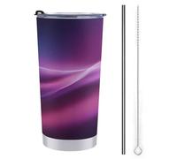 Borraccia da 590 ml, tazza da viaggio astratta con linee ondulate fluenti sfumate viola rosa, in acciaio inox, tazza da caffè isolata sottovuoto, con coperchio con cannuccia e spazzola per la pulizia