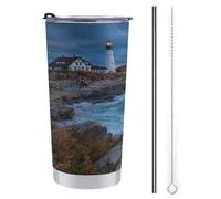 Borraccia da 590 ml, tazza da viaggio con faro sulla costa rocciosa, in acciaio inox, isolata sottovuoto, con coperchio con cannuccia e spazzola per la pulizia