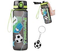Borraccia da calcio da 1000 ml, con portachiavi da calcio, per bambini e adulti, senza BPA, motivo calcio, per gli appassionati di calcio, festa del calcio, regalo di compleanno per ragazzi e ragazze