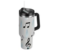 Borraccia da viaggio con motivo musicale grigio, apertura larga, con coperchio con cannuccia, tazza da caffè decorativa, per acqua, tè freddo o caffettiera, in acciaio inox, para agua 1,18 ml