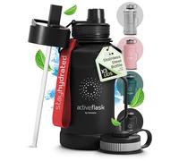 Borraccia in acciaio inox Active Flask + cannuccia (3 tappi) | 1,3/2,2 litri bottiglia sportiva senza BPA a prova di perdite per bibite gassate, 2l XL bottiglie Sport Outdoor Palestra Acqua